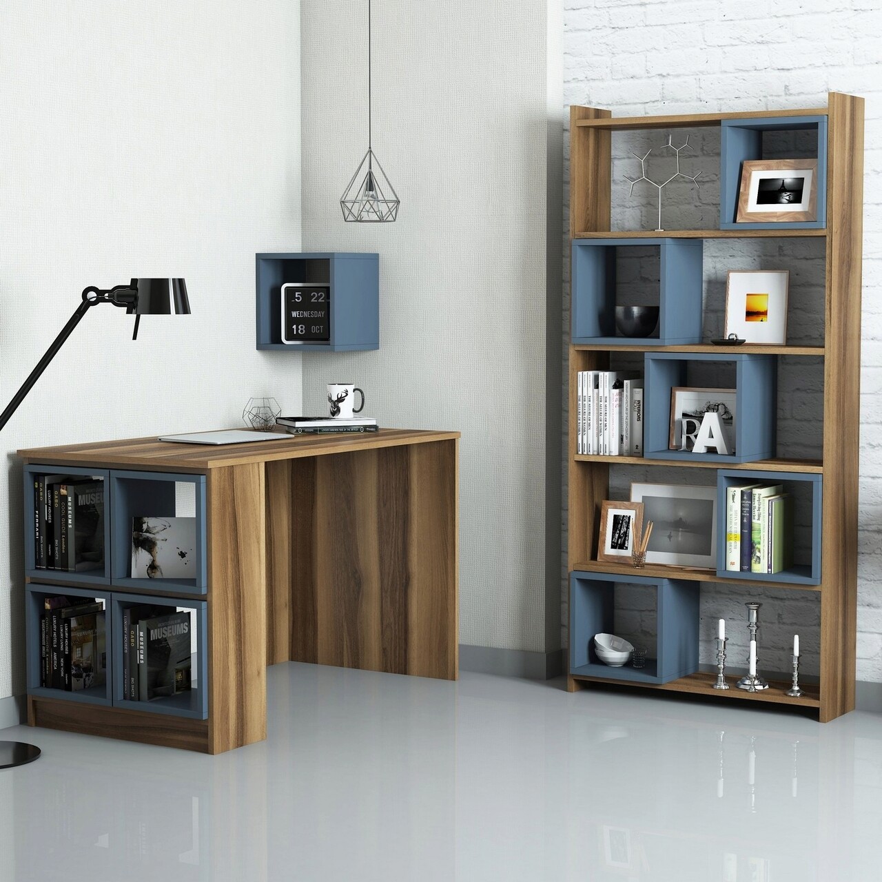 Set birou si biblioteca, Hanah Home, Box, 120x75x65 cm, Nuc / Calcedonie - imagine 4